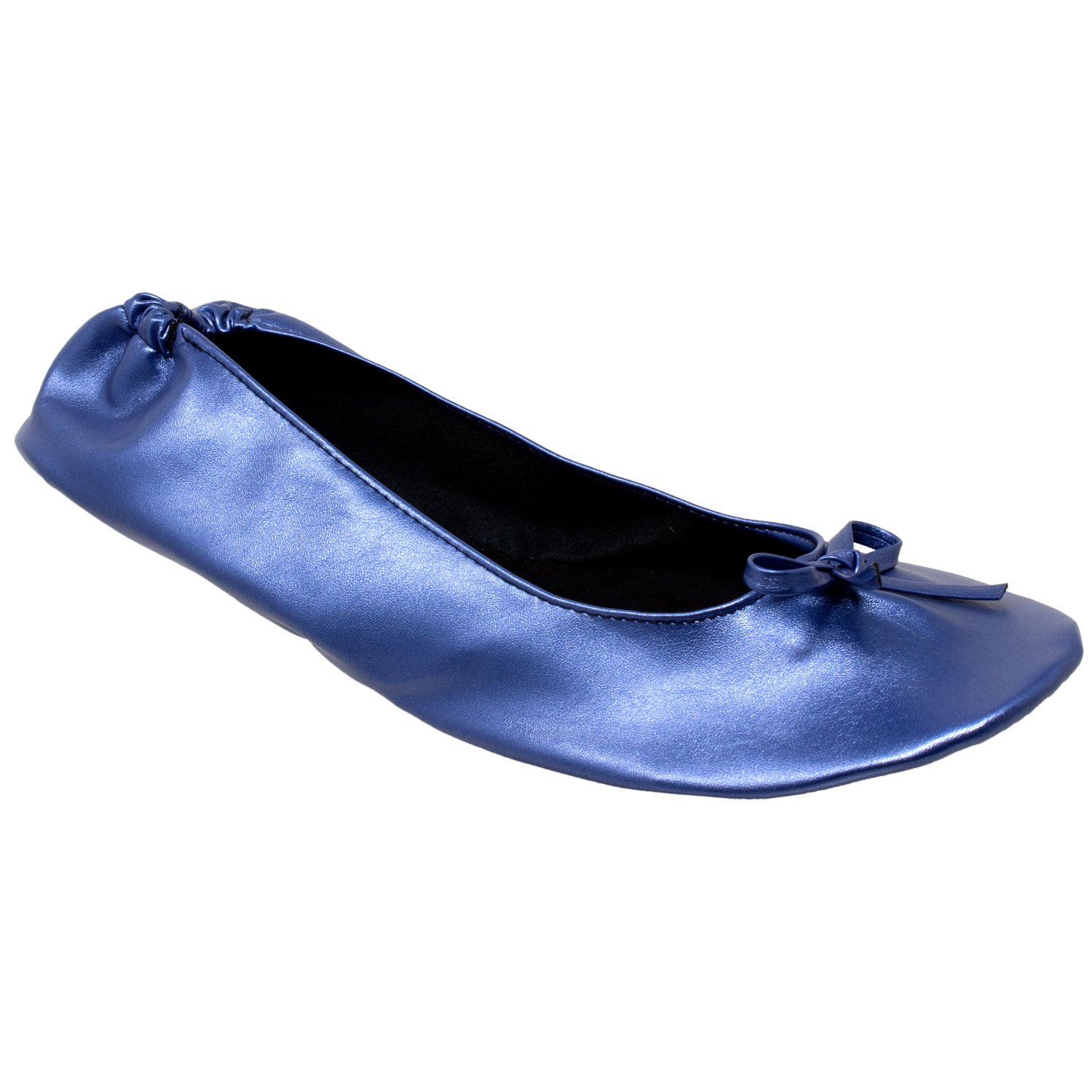 A pair of navy foldable ballet flats for women, showcasing a soft inner lining, elastic trim, and non-slip rubber sole, ideal for travel and comfort.