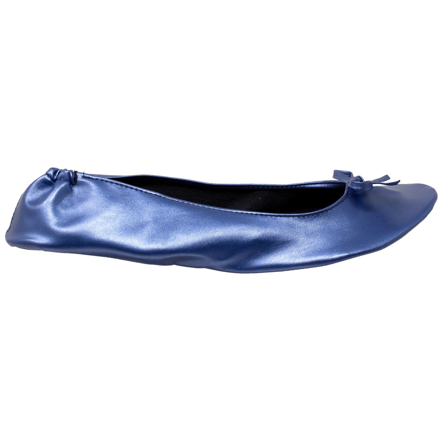 A pair of navy foldable ballet flats for women, showcasing a soft inner lining, elastic trim, and non-slip rubber sole, ideal for travel and comfort.