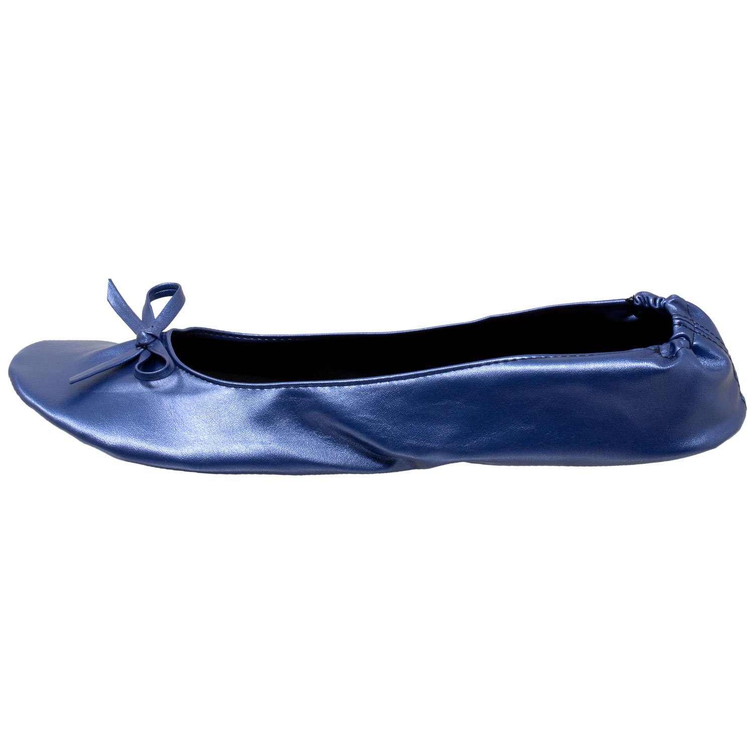 A pair of navy foldable ballet flats for women, showcasing a soft inner lining, elastic trim, and non-slip rubber sole, ideal for travel and comfort.