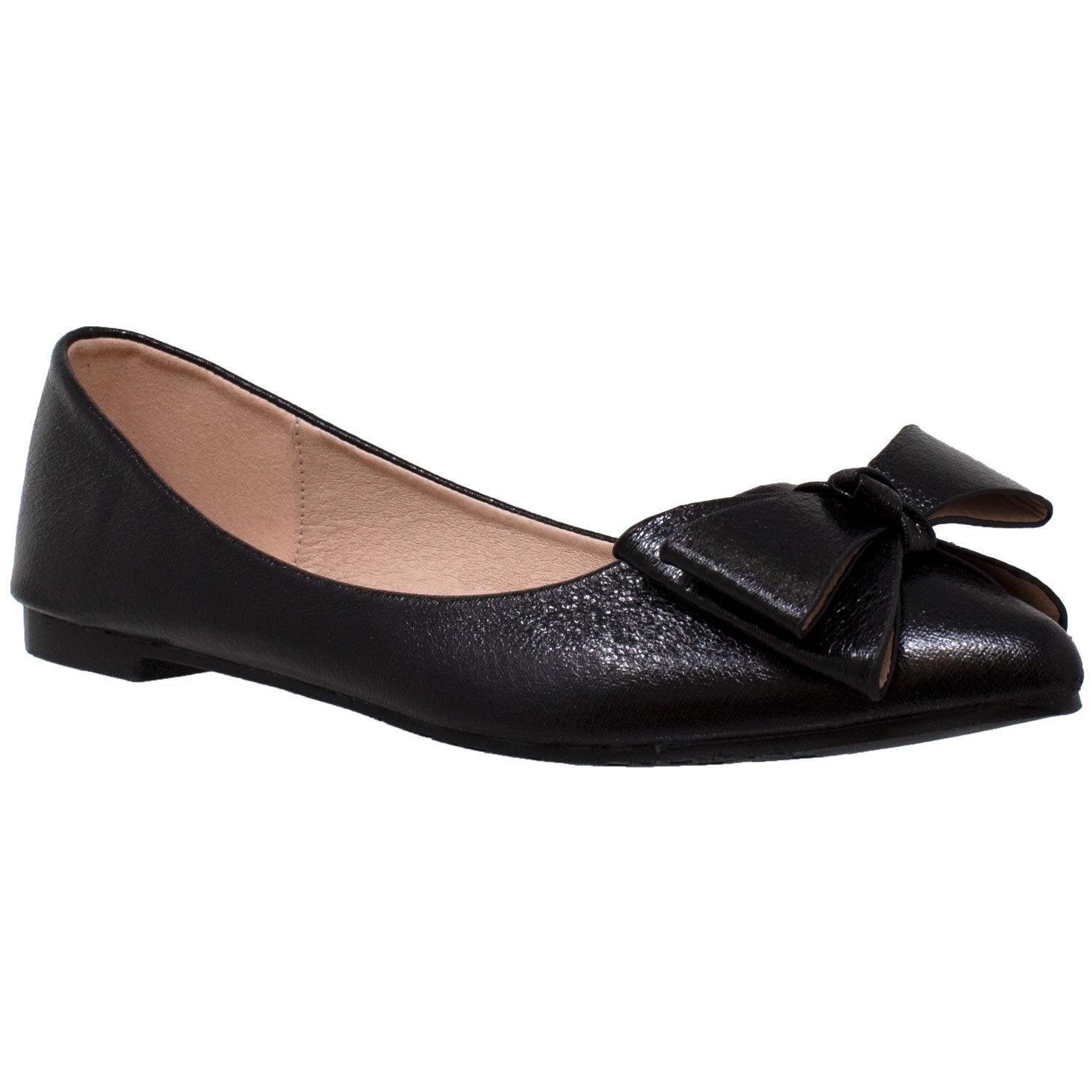 A pair of metallic bow pointed toe ballet flats in black and silver, featuring a shiny patent leather upper and a large bow accent at the toe.