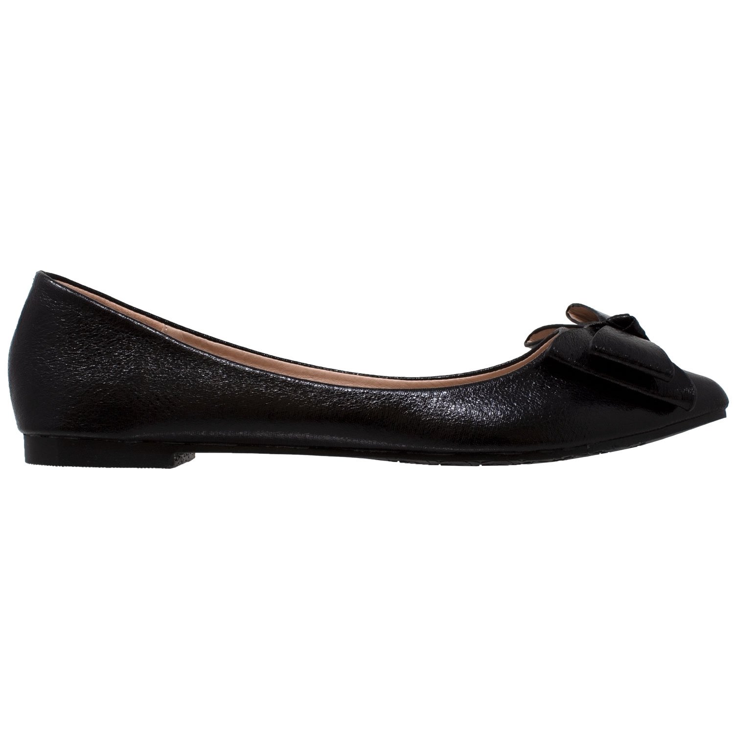 A pair of metallic bow pointed toe ballet flats in black and silver, featuring a shiny patent leather upper and a large bow accent at the toe.