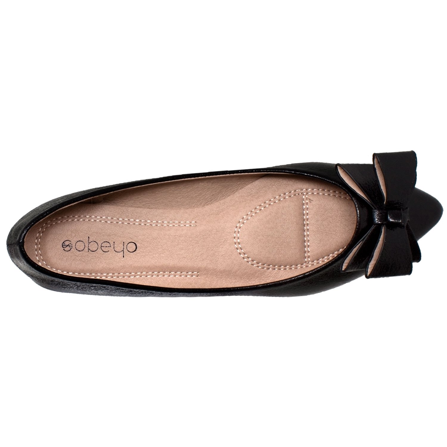 A pair of metallic bow pointed toe ballet flats in black and silver, featuring a shiny patent leather upper and a large bow accent at the toe.