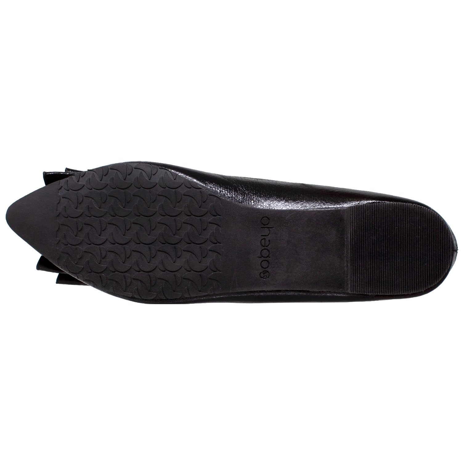 A pair of metallic bow pointed toe ballet flats in black and silver, featuring a shiny patent leather upper and a large bow accent at the toe.