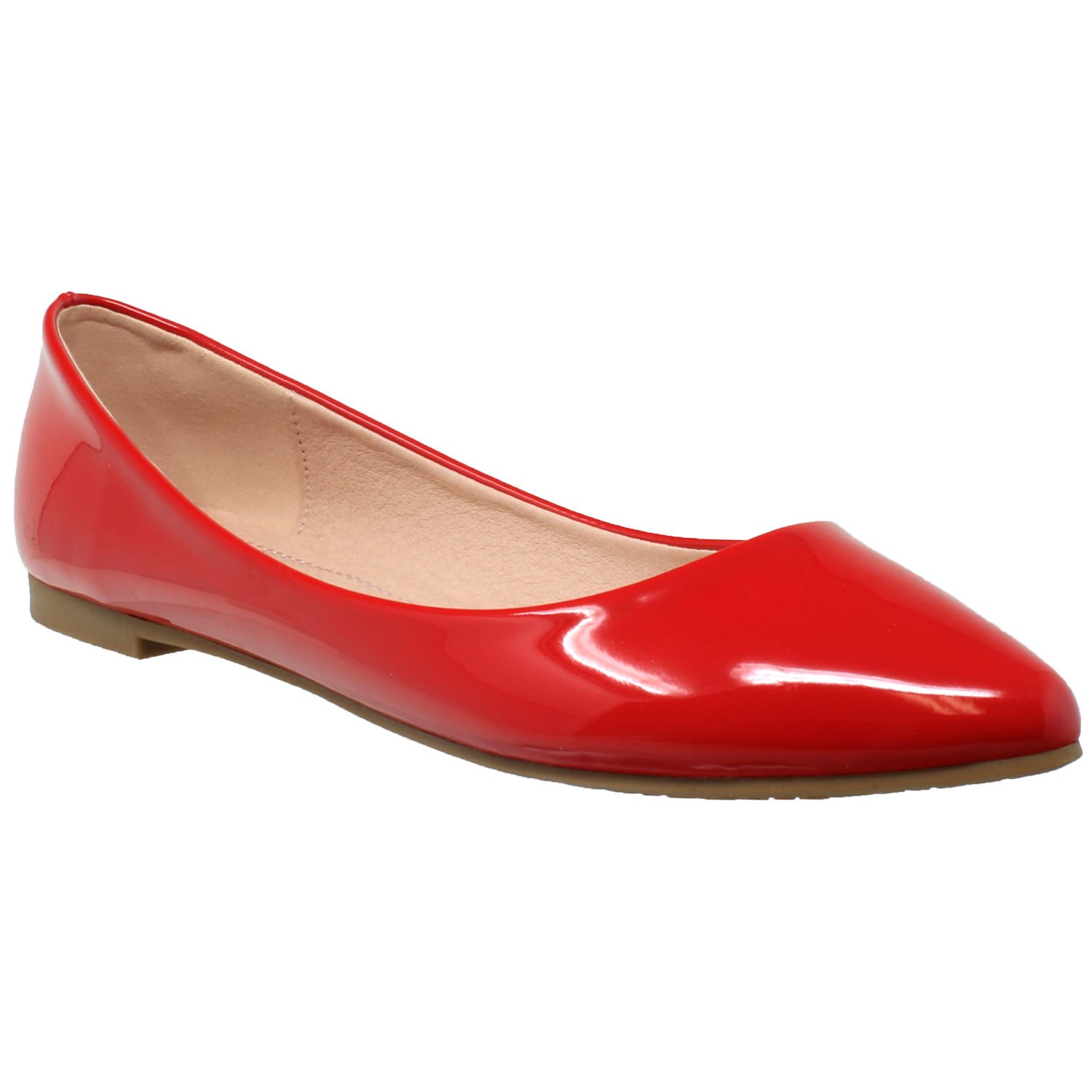 A pair of elegant patent leather pointed toe ballet flats in red, showcasing a glossy finish and cushioned insole, perfect for stylish comfort.