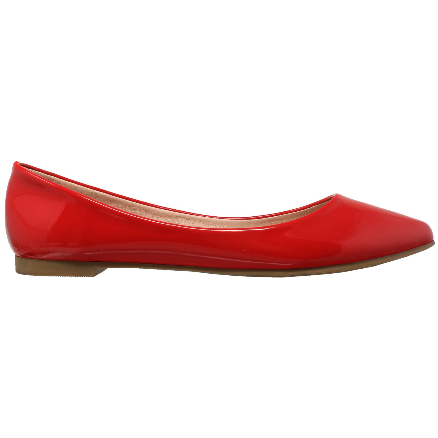 A pair of elegant patent leather pointed toe ballet flats in red, showcasing a glossy finish and cushioned insole, perfect for stylish comfort.