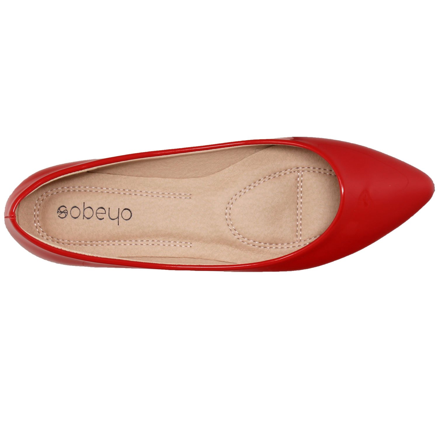 A pair of elegant patent leather pointed toe ballet flats in red, showcasing a glossy finish and cushioned insole, perfect for stylish comfort.
