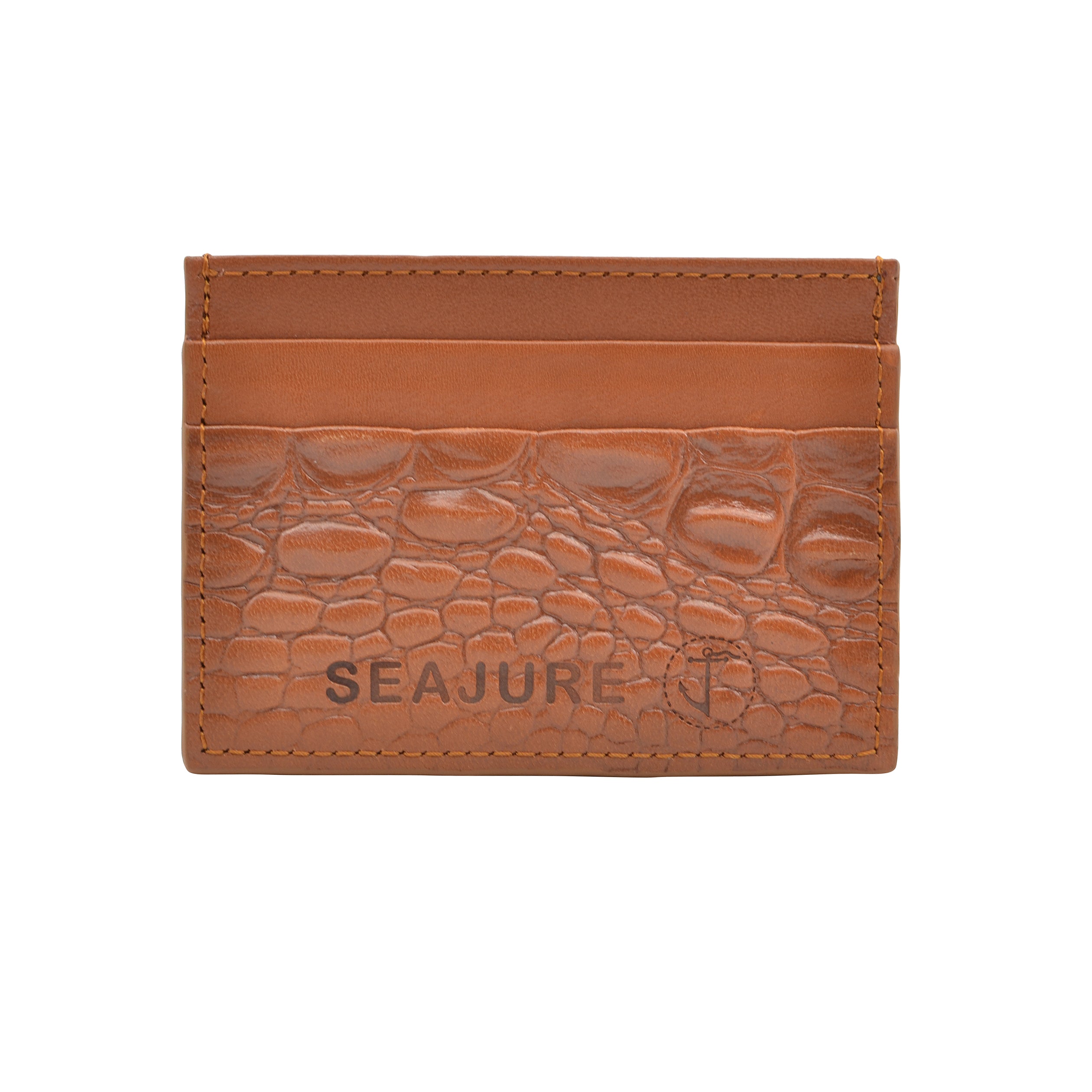 Seajure Croc Embossed Leather Card Holder in camel color, showcasing its premium leather texture and stylish design.