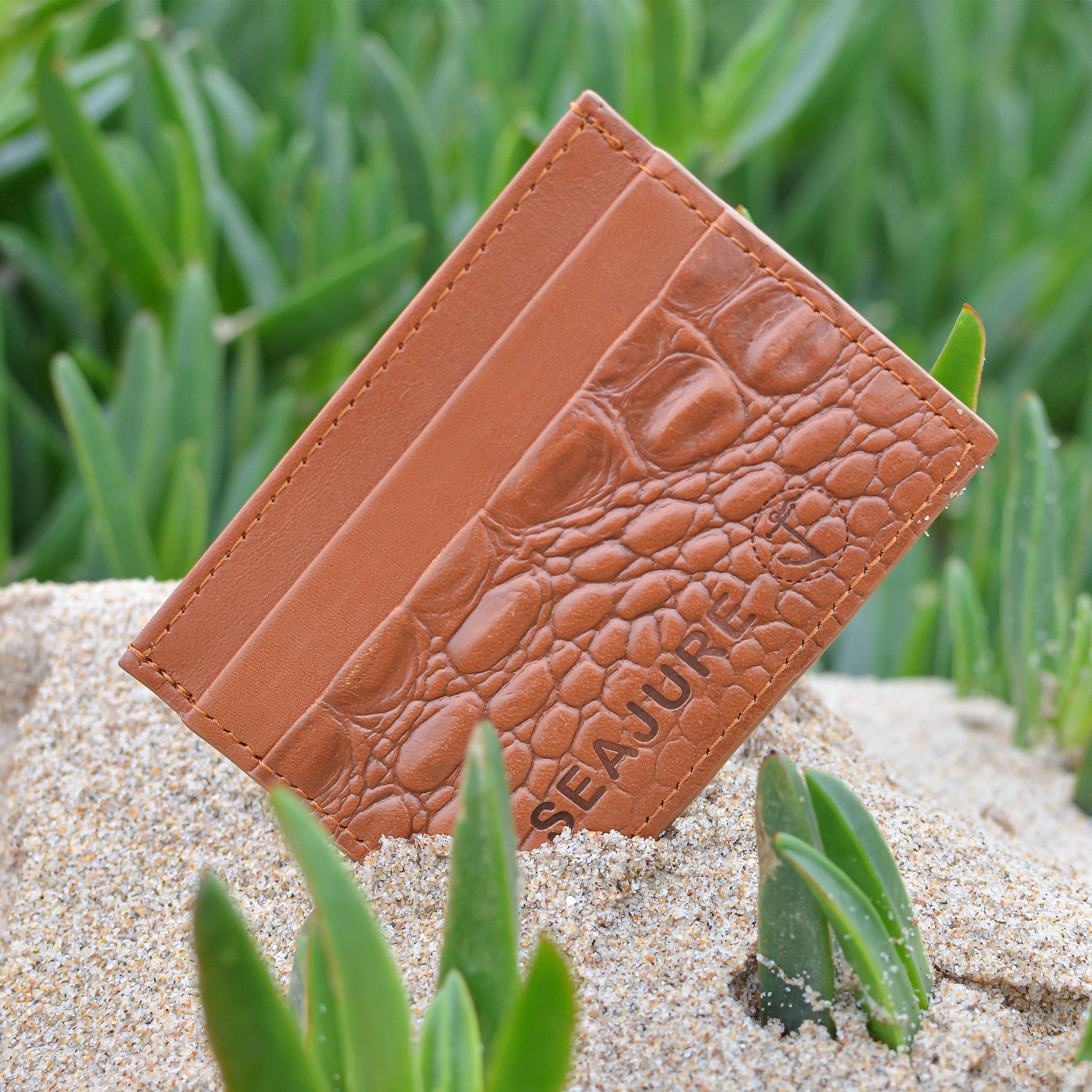 Seajure Croc Embossed Leather Card Holder in camel color, showcasing its premium leather texture and stylish design.