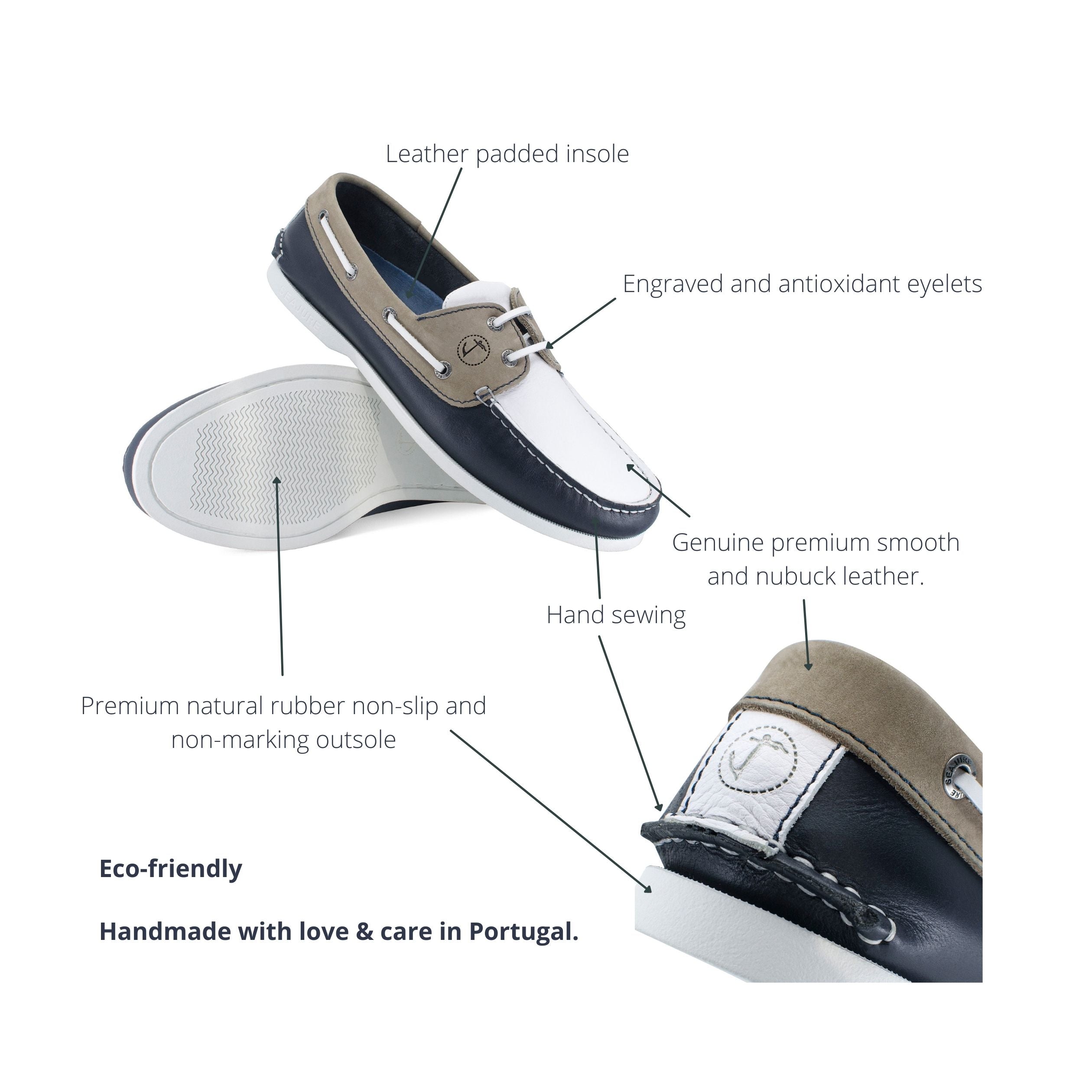 Men's Vendicari boat shoe in premium leather with natural rubber sole, showcasing elegant nautical design.