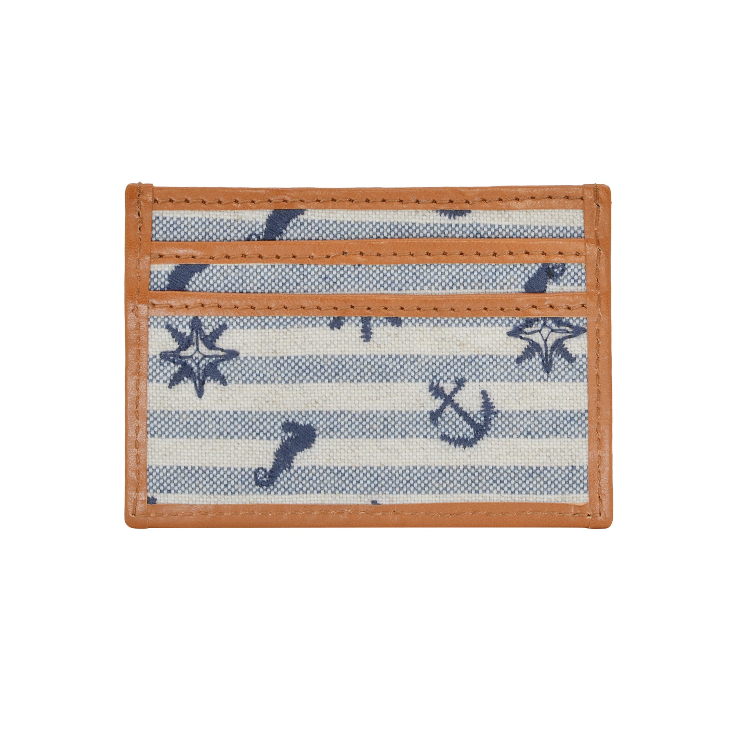 Punalu Embroidered Linen Card Holder in brown, navy, and white, showcasing premium linen and leather details.
