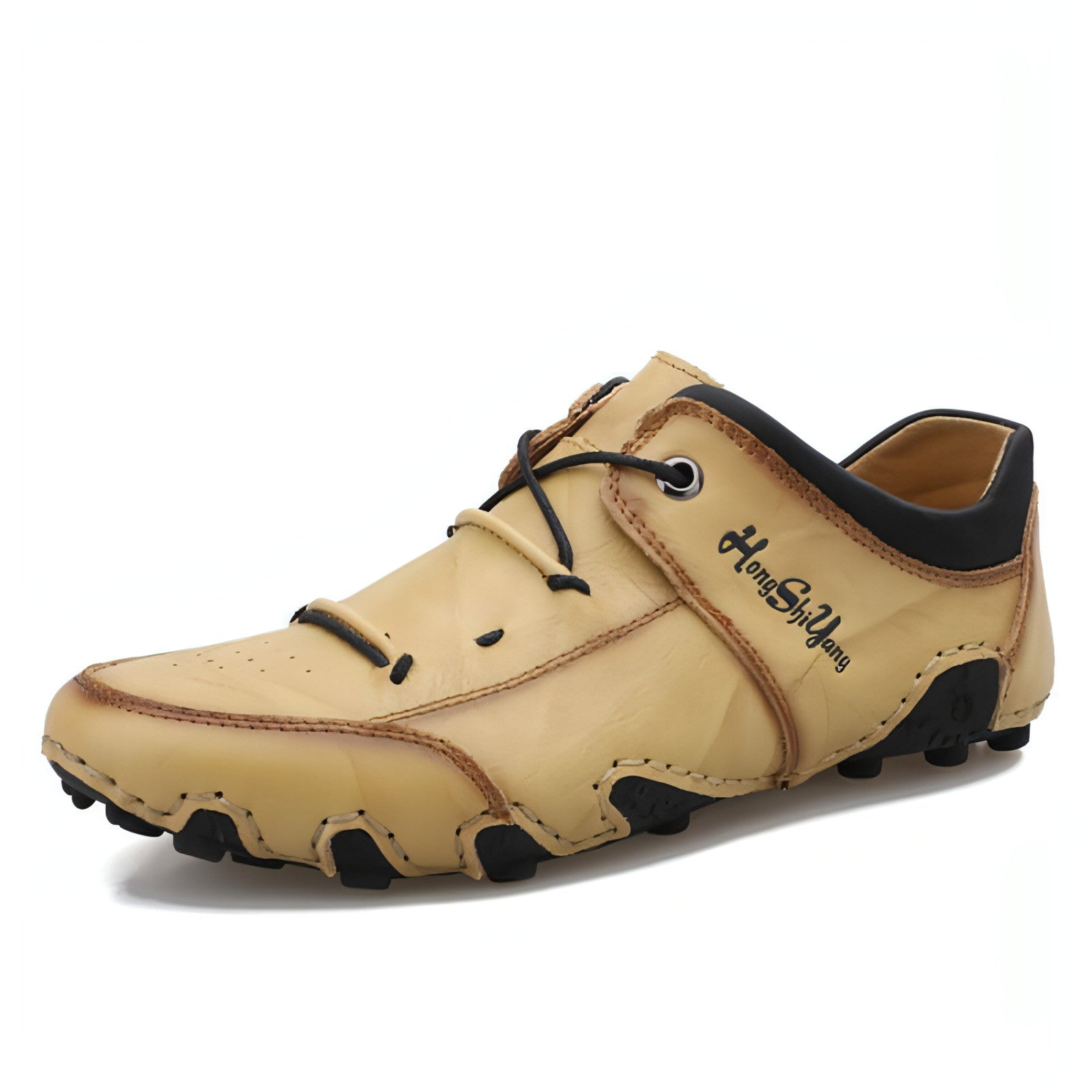 A pair of stylish large size men's casual leather shoes, hand-sewn for durability, featuring a modern design suitable for various occasions.