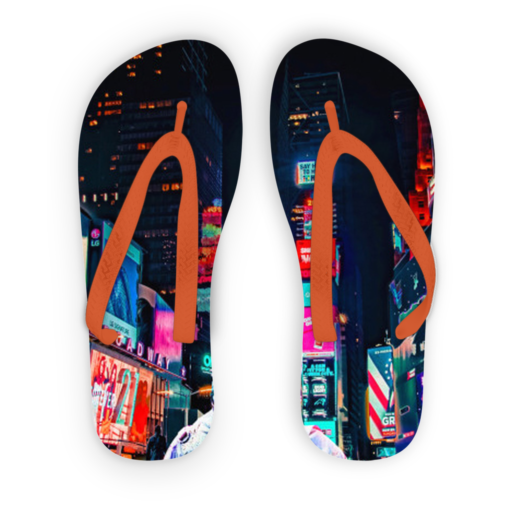Another Night Adult Flip Flops featuring customizable printed fabric and soft black or orange straps, perfect for poolside wear.