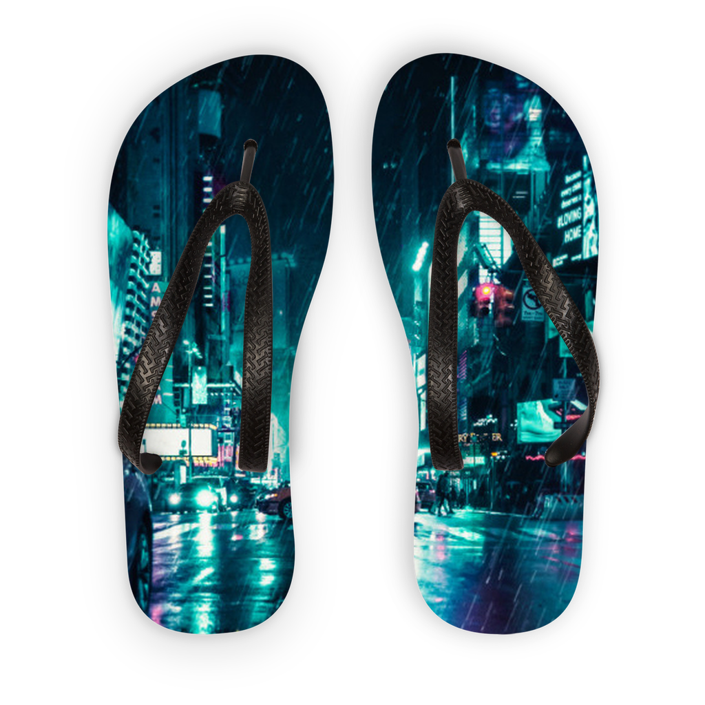 Another Rainy Night Adult Flip Flops featuring customizable printed fabric and soft straps, perfect for summer wear.