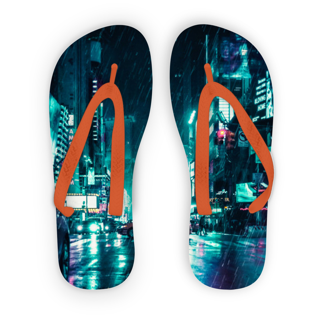 Another Rainy Night Adult Flip Flops featuring customizable printed fabric and soft straps, perfect for summer wear.