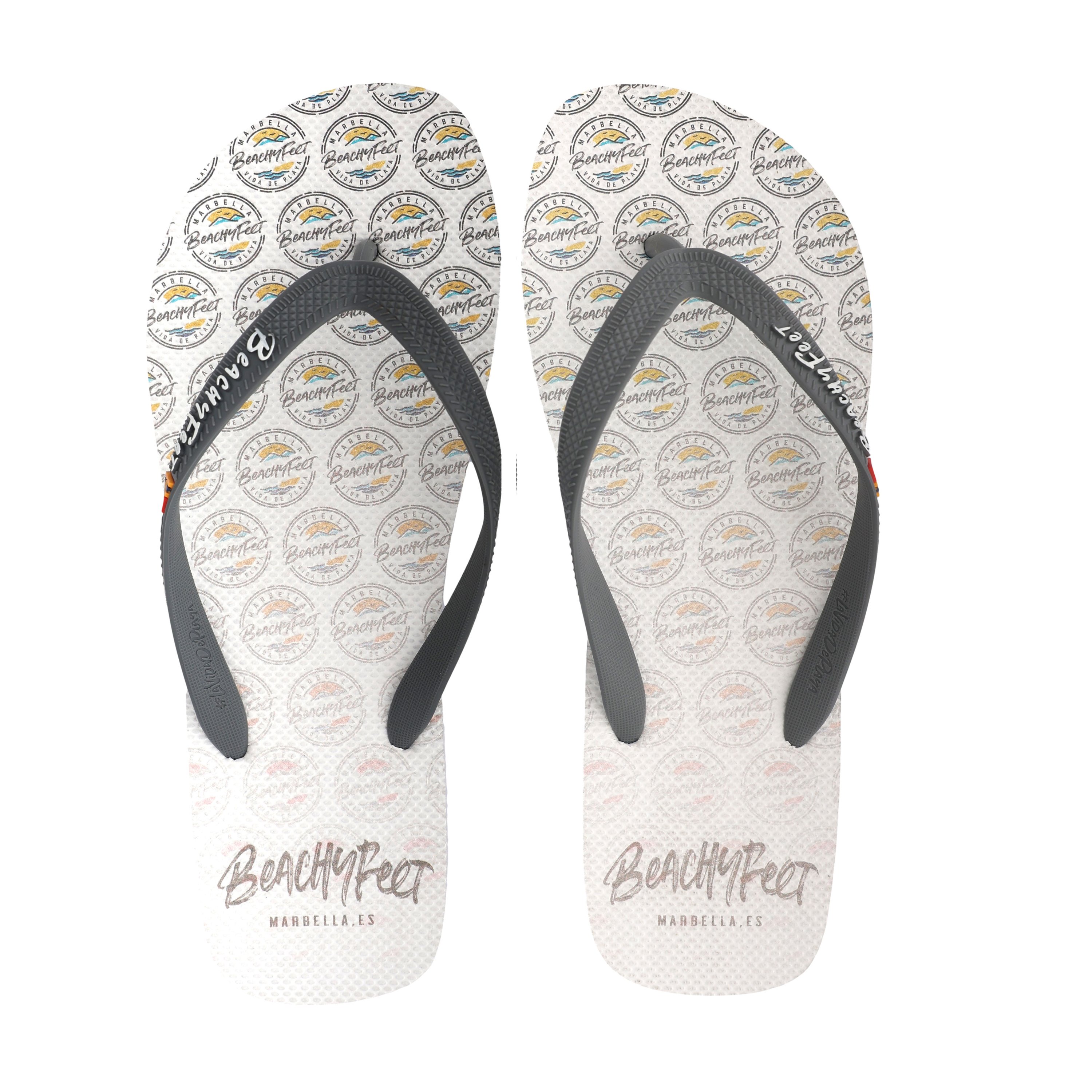 BeachyFeet® Logo AOP Blanco flip flops featuring a stylish design inspired by Mediterranean beach culture.