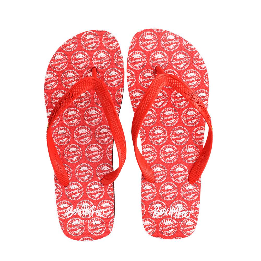 BeachyFeet® Logo AOP Rojo flip flops featuring vibrant Mediterranean-inspired design and durable materials.