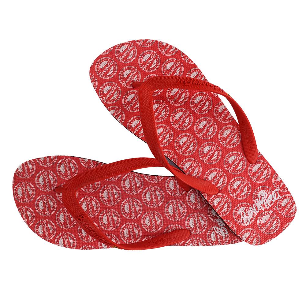 BeachyFeet® Logo AOP Rojo flip flops featuring vibrant Mediterranean-inspired design and durable materials.