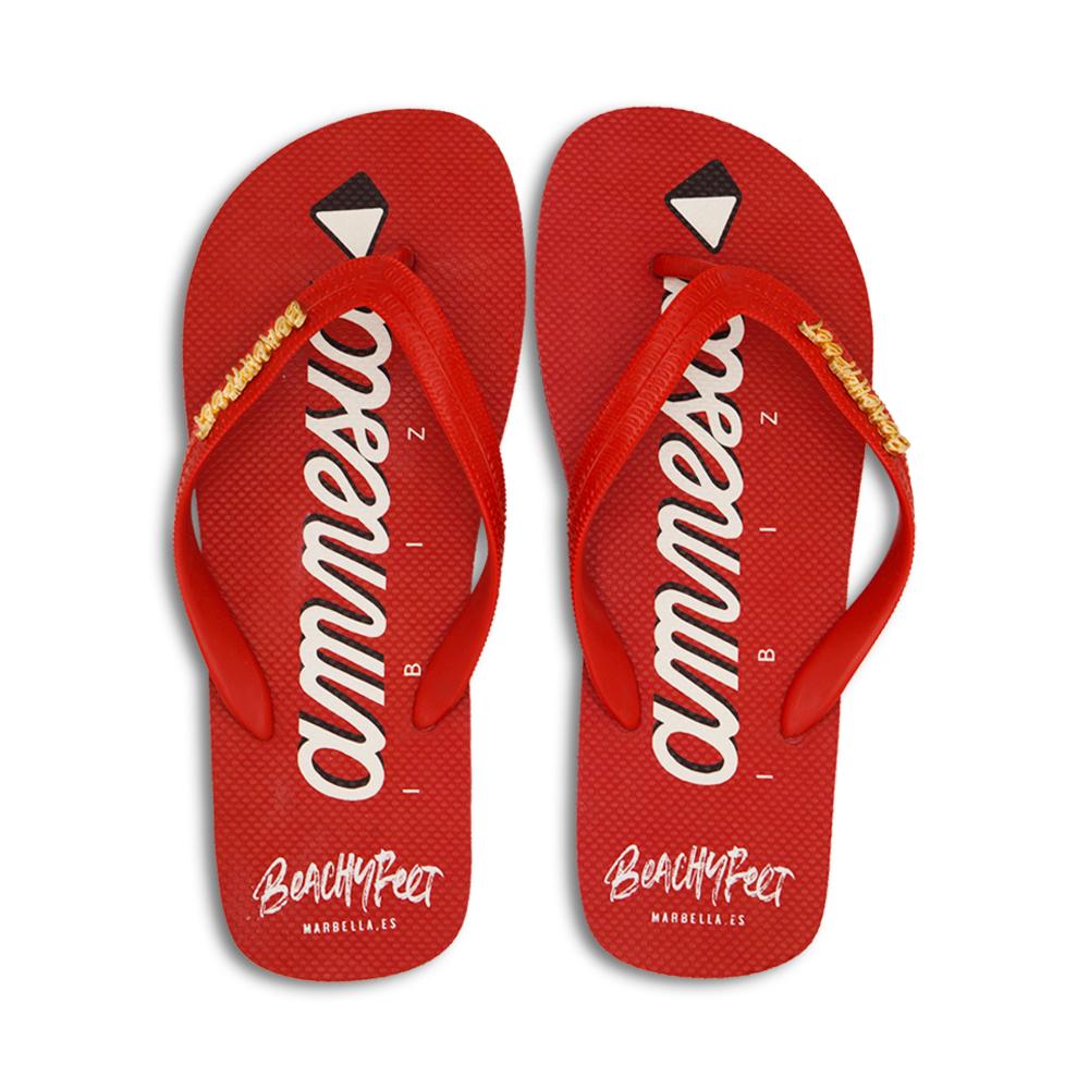 BeachyFeet® x Amnesia flip flops featuring vibrant designs inspired by Ibiza nightlife, showcasing the iconic Amnesia pyramid logo.