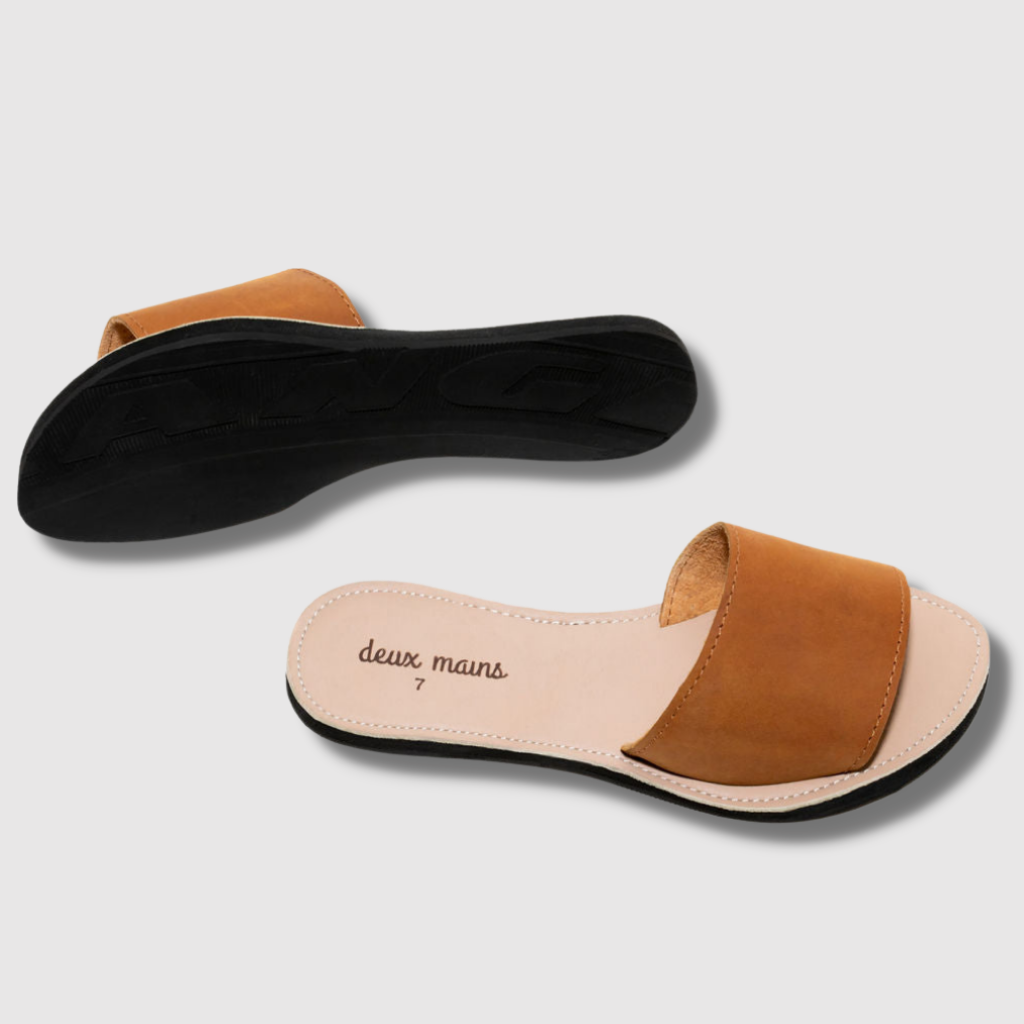 Classic Slide Sandal made from sustainably sourced leather with unique repurposed tire soles, showcasing a chic and eco-friendly design.