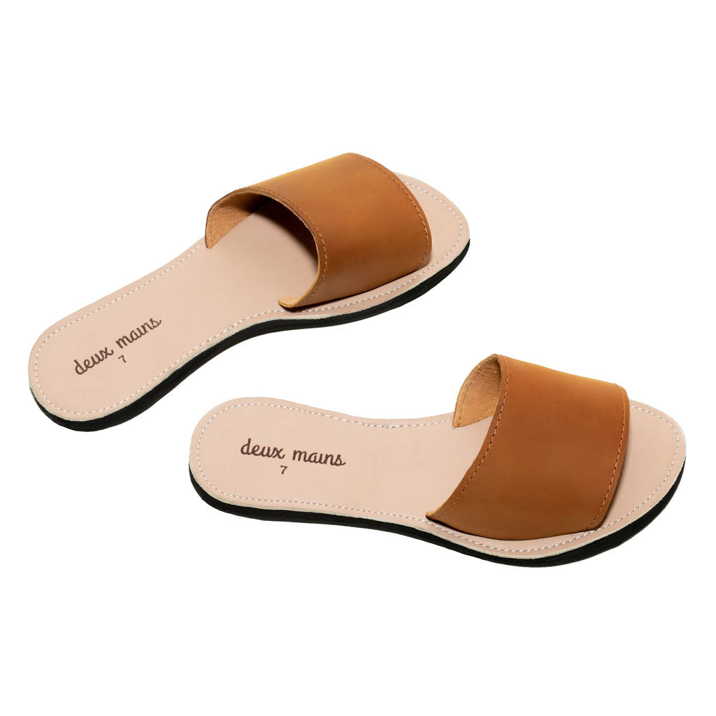 Classic Slide Sandal made from sustainably sourced leather with unique repurposed tire soles, showcasing a chic and eco-friendly design.