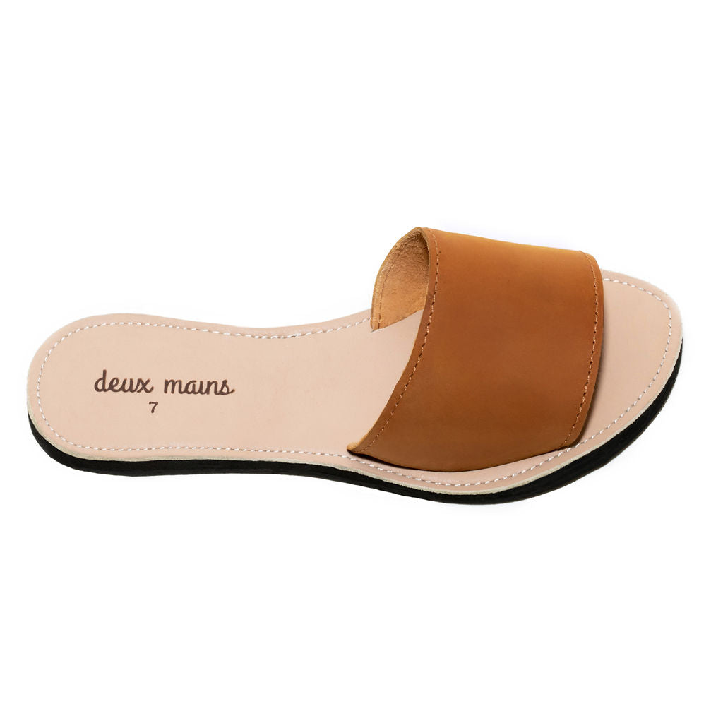 Classic Slide Sandal made from sustainably sourced leather with unique repurposed tire soles, showcasing a chic and eco-friendly design.