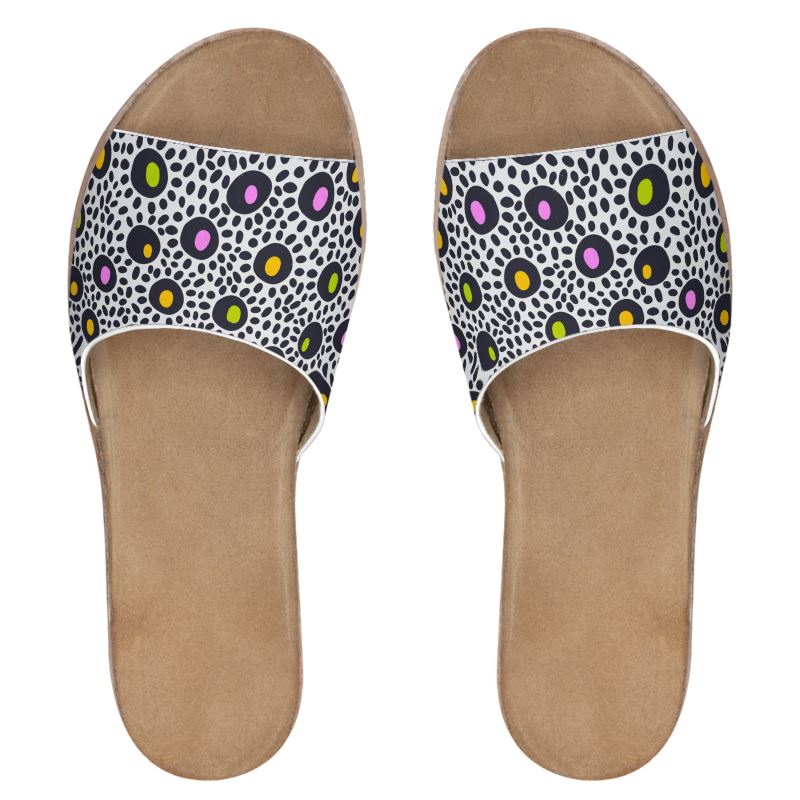 Fashion Dots Women's Nappa Leather Sliders featuring a stylish design with nappa leather straps and a thick rubber sole.