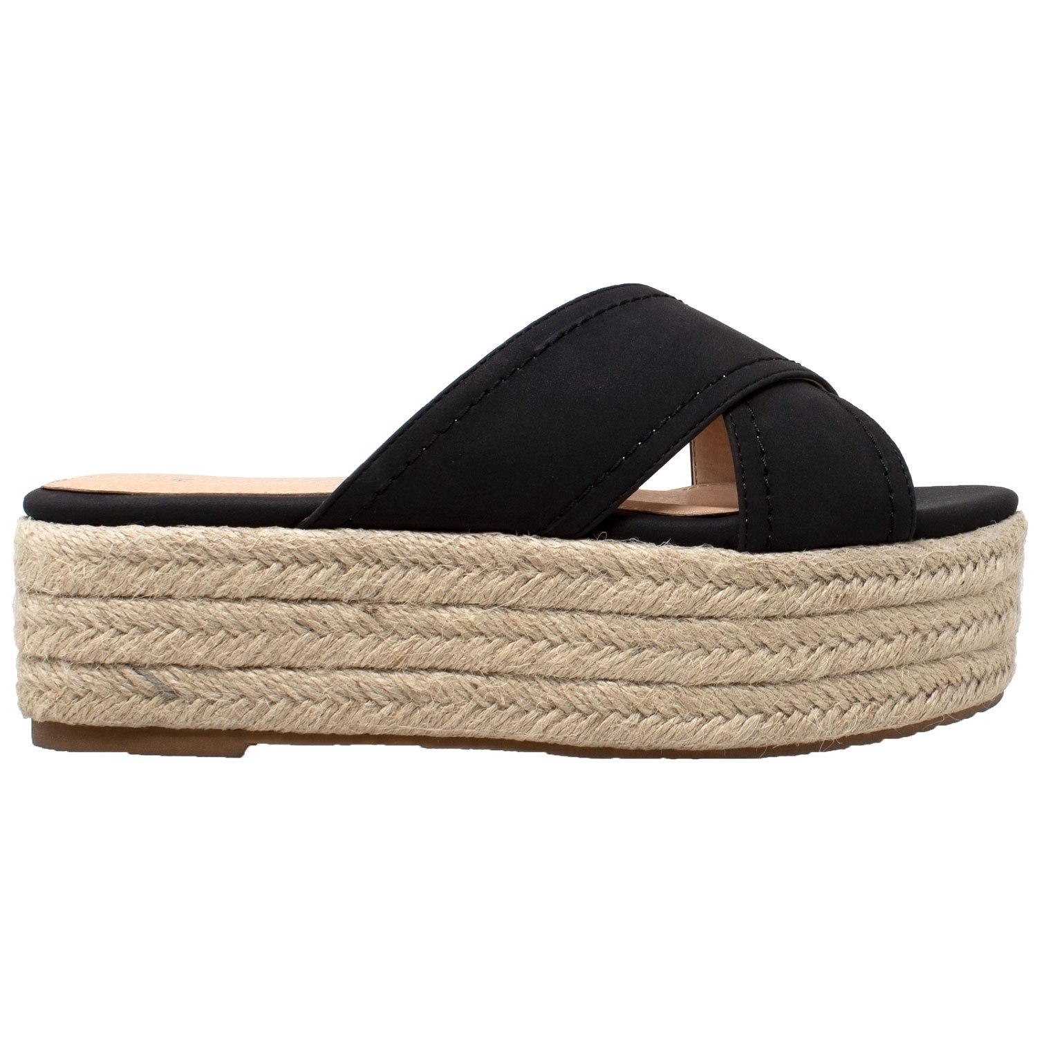 Flatform Espadrille Wedge Sandal featuring criss-cross nubuck leather straps and a braided jute platform, available in multiple colors.