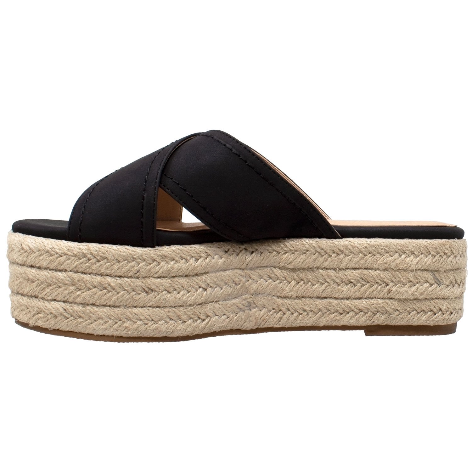 Flatform Espadrille Wedge Sandal featuring criss-cross nubuck leather straps and a braided jute platform, available in multiple colors.