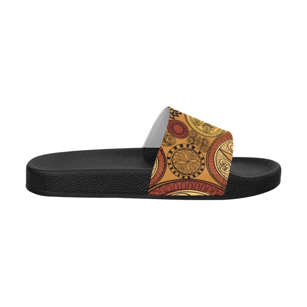 Men's slide sandals featuring a brown paisley print design, lightweight cushioned sole, and customizable strap for personalized style.