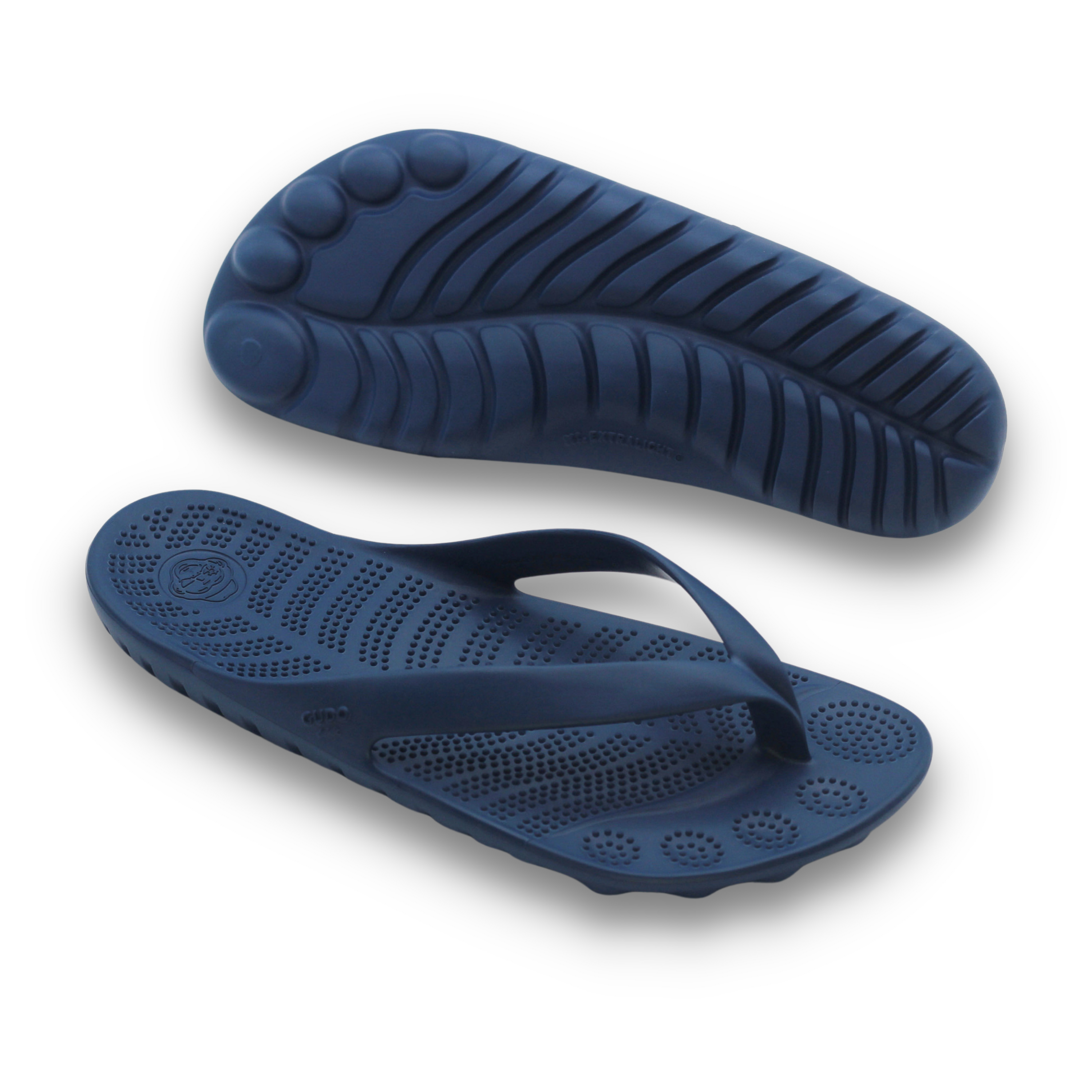 GUDO Navy Blue Flip-Flops displayed with a waterproof mini drybag, showcasing their stylish design and eco-friendly materials.