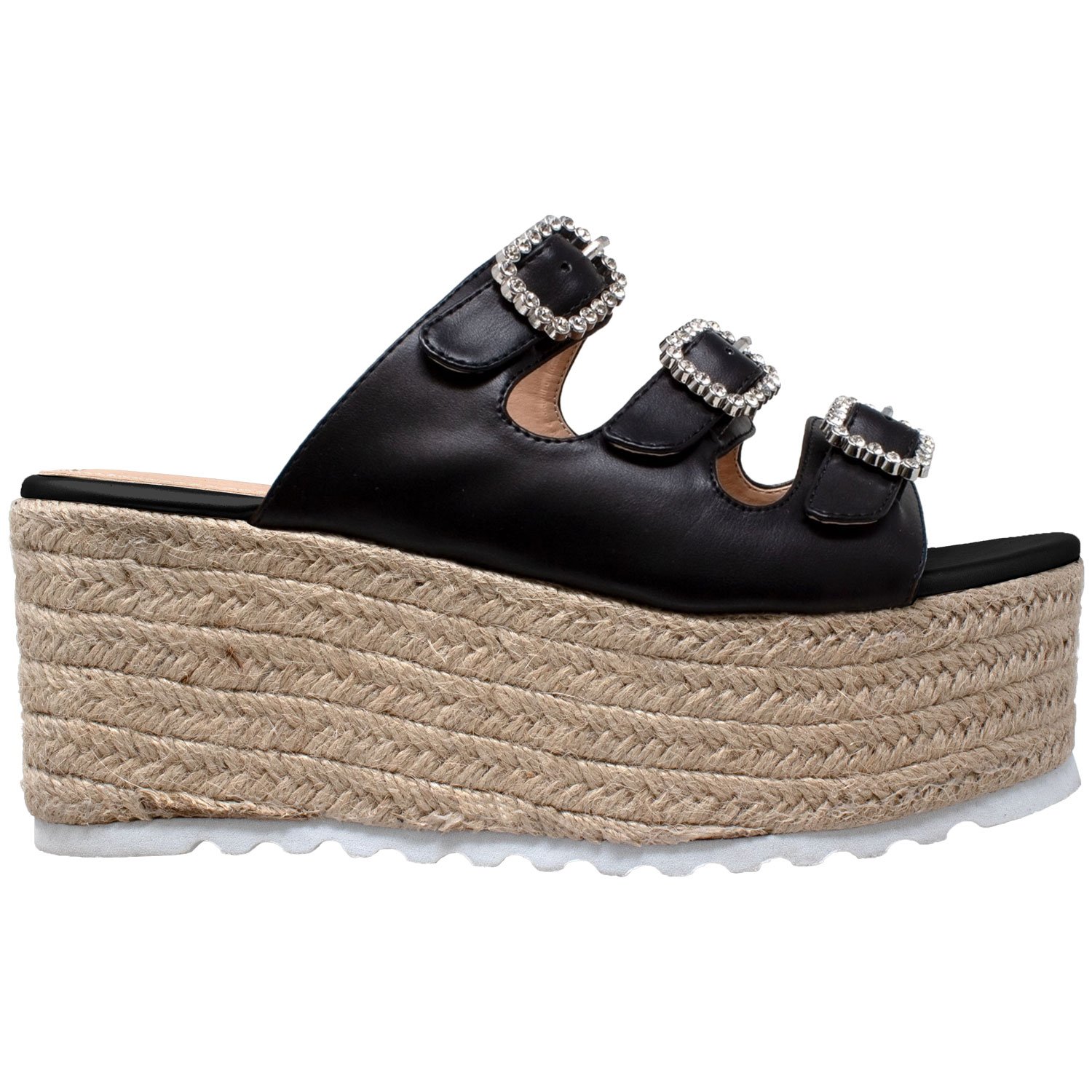 Rhinestone Platform Espadrille Wedge Sandal featuring shiny crystals and braided jute platform, available in multiple colors.