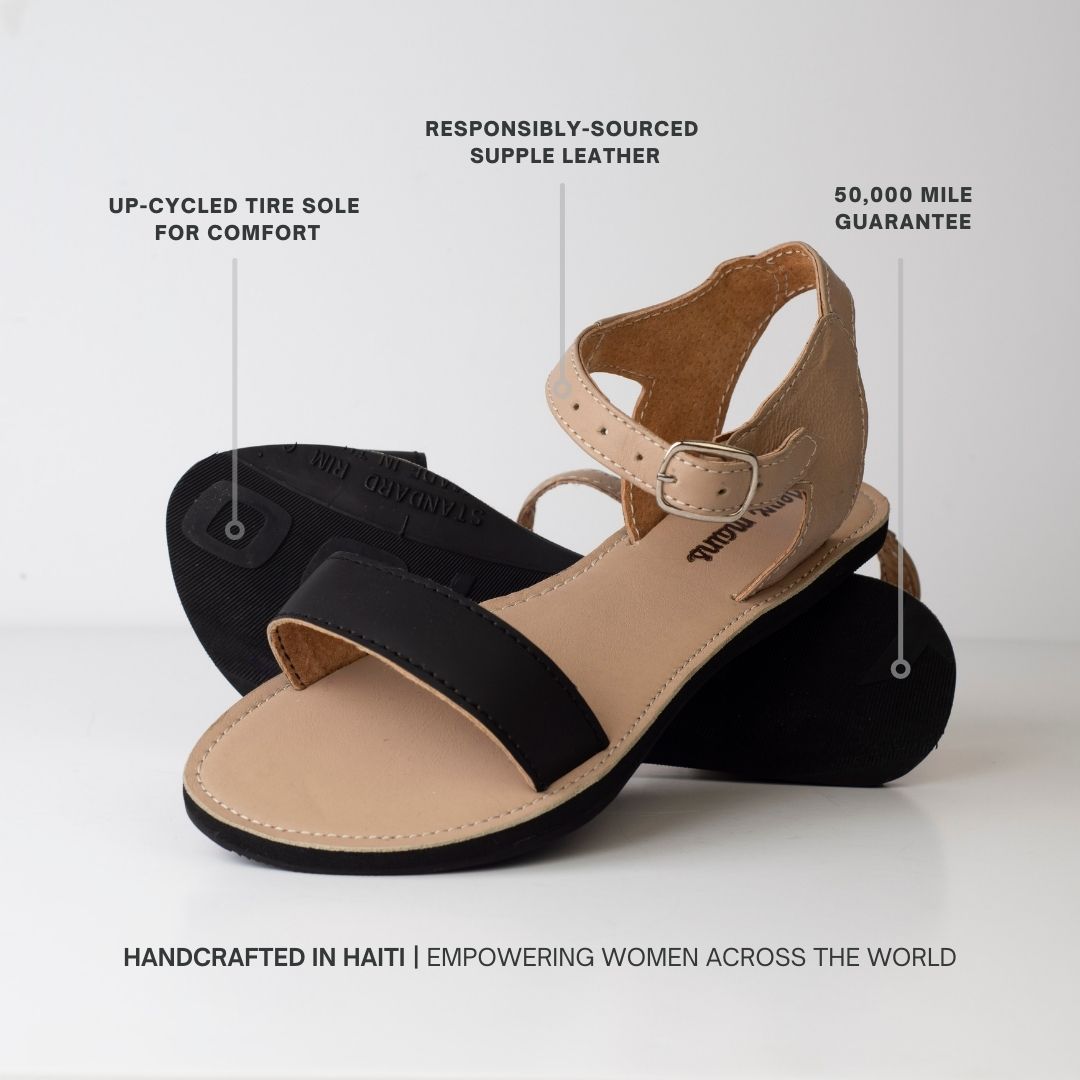 A pair of Simple Ankle Strap Sandals in classic black and hand-painted white canvas, showcasing their elegant design and supple leather material.