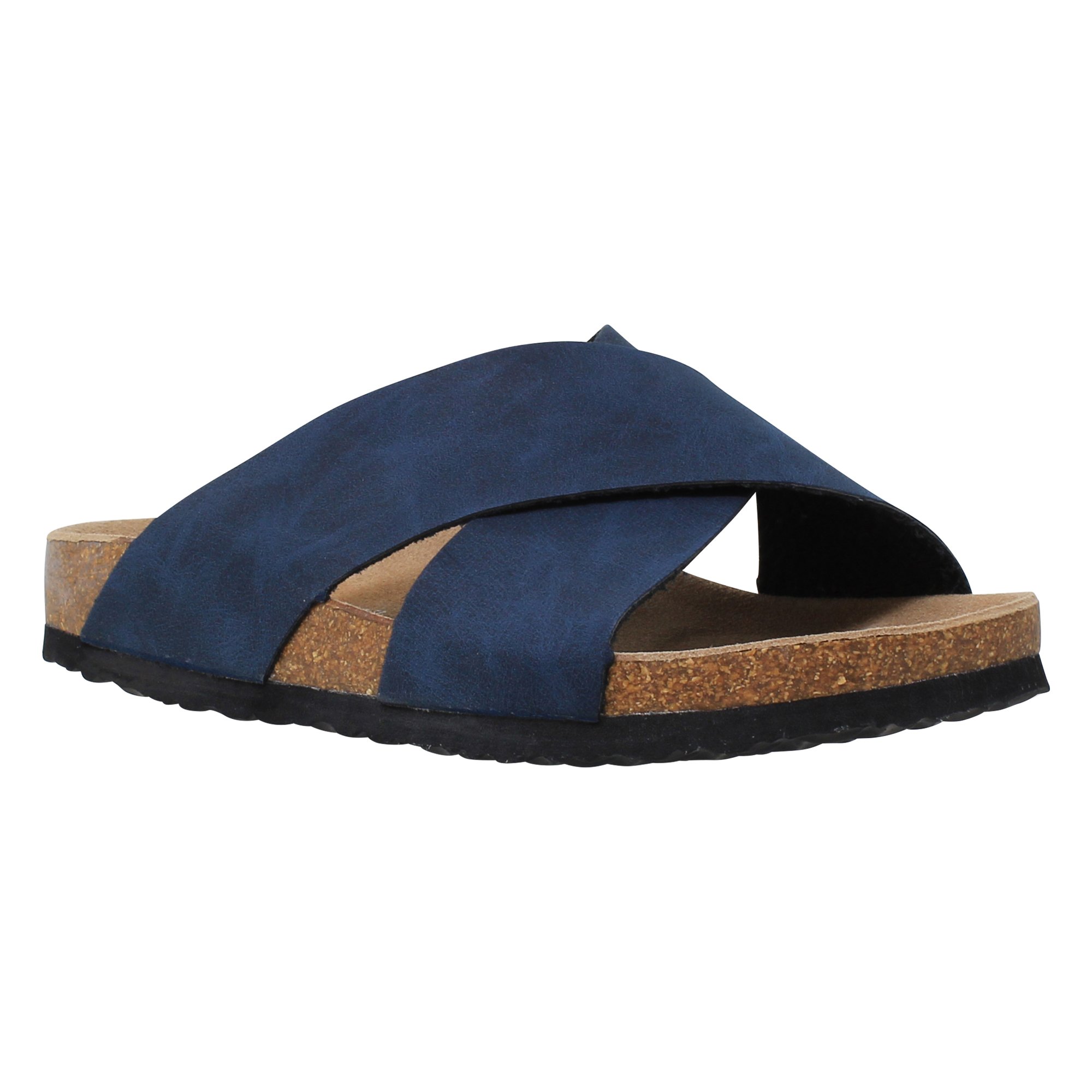 SOBEYO Classic Cork Sandals in Navy Blue with criss-cross straps, showcasing soft vegan leather and cushioned outsole.