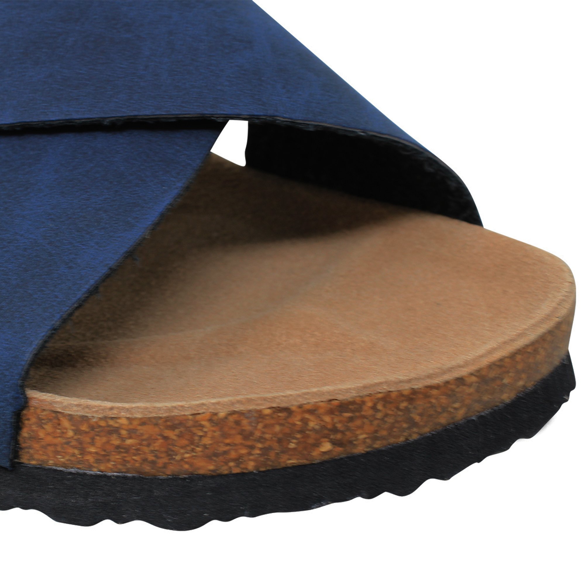 SOBEYO Classic Cork Sandals in Navy Blue with criss-cross straps, showcasing soft vegan leather and cushioned outsole.