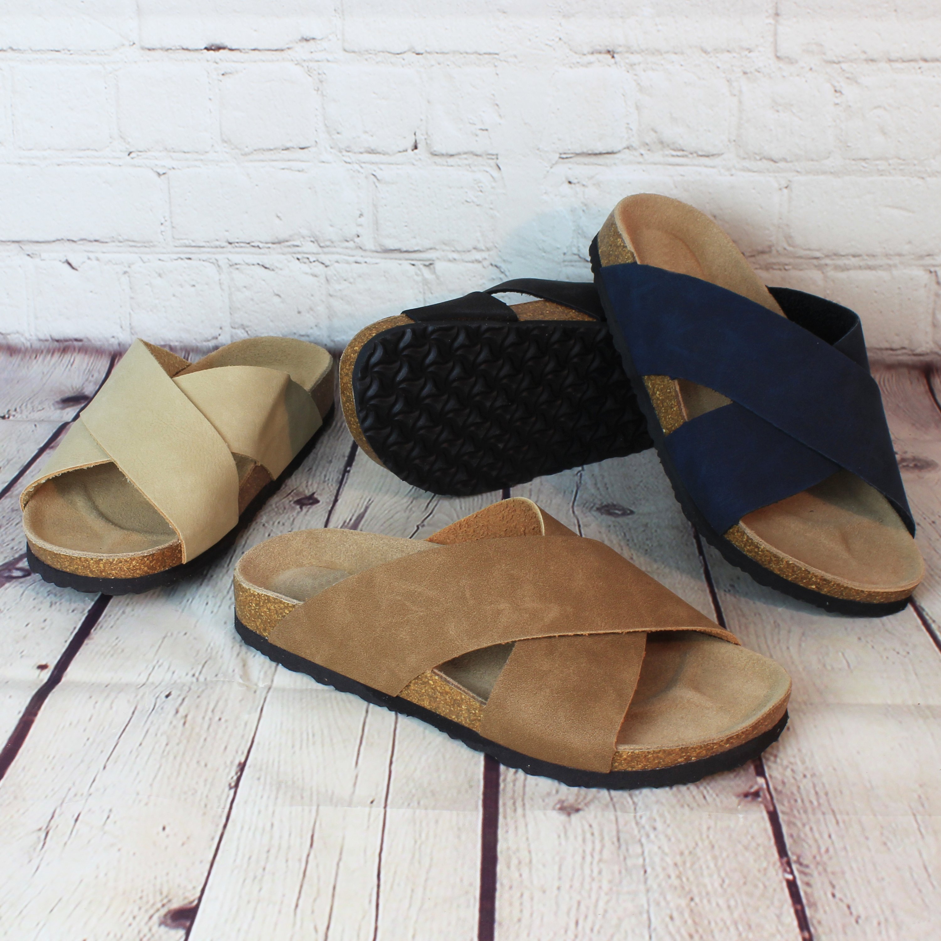 SOBEYO Classic Cork Sandals in Navy Blue with criss-cross straps, showcasing soft vegan leather and cushioned outsole.
