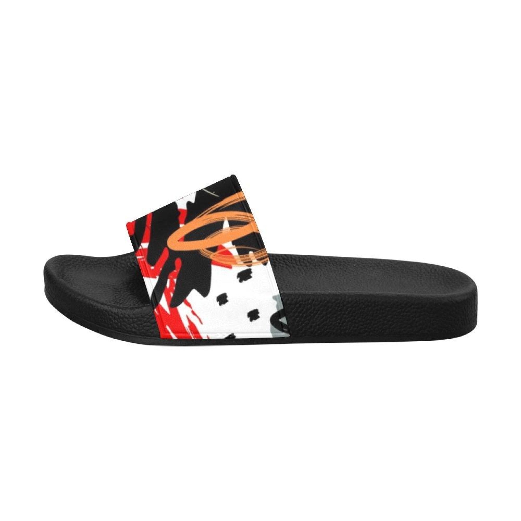 A pair of women's slides featuring a vibrant red, black, and white abstract print, designed for comfort and casual wear.
