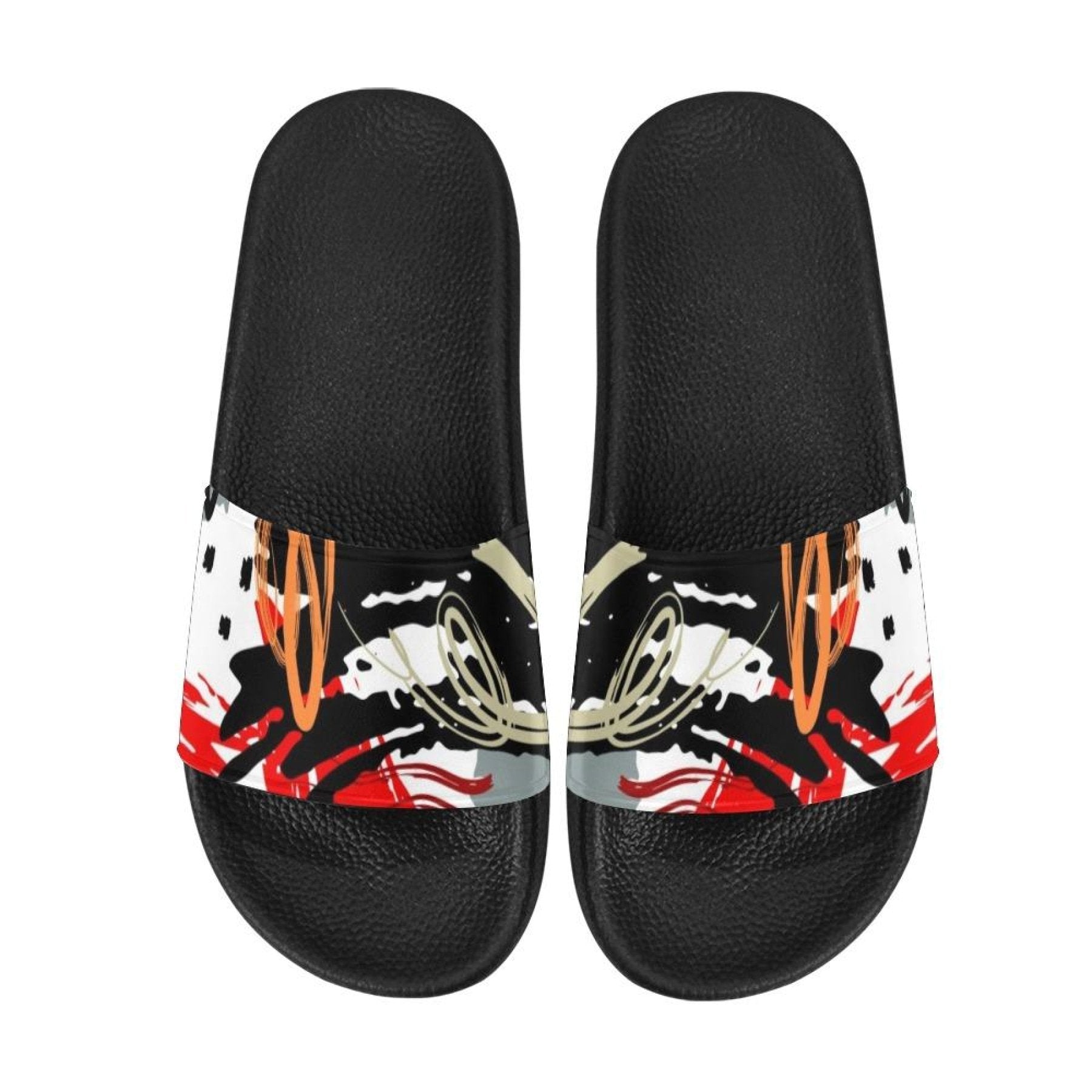 A pair of women's slides featuring a vibrant red, black, and white abstract print, designed for comfort and casual wear.