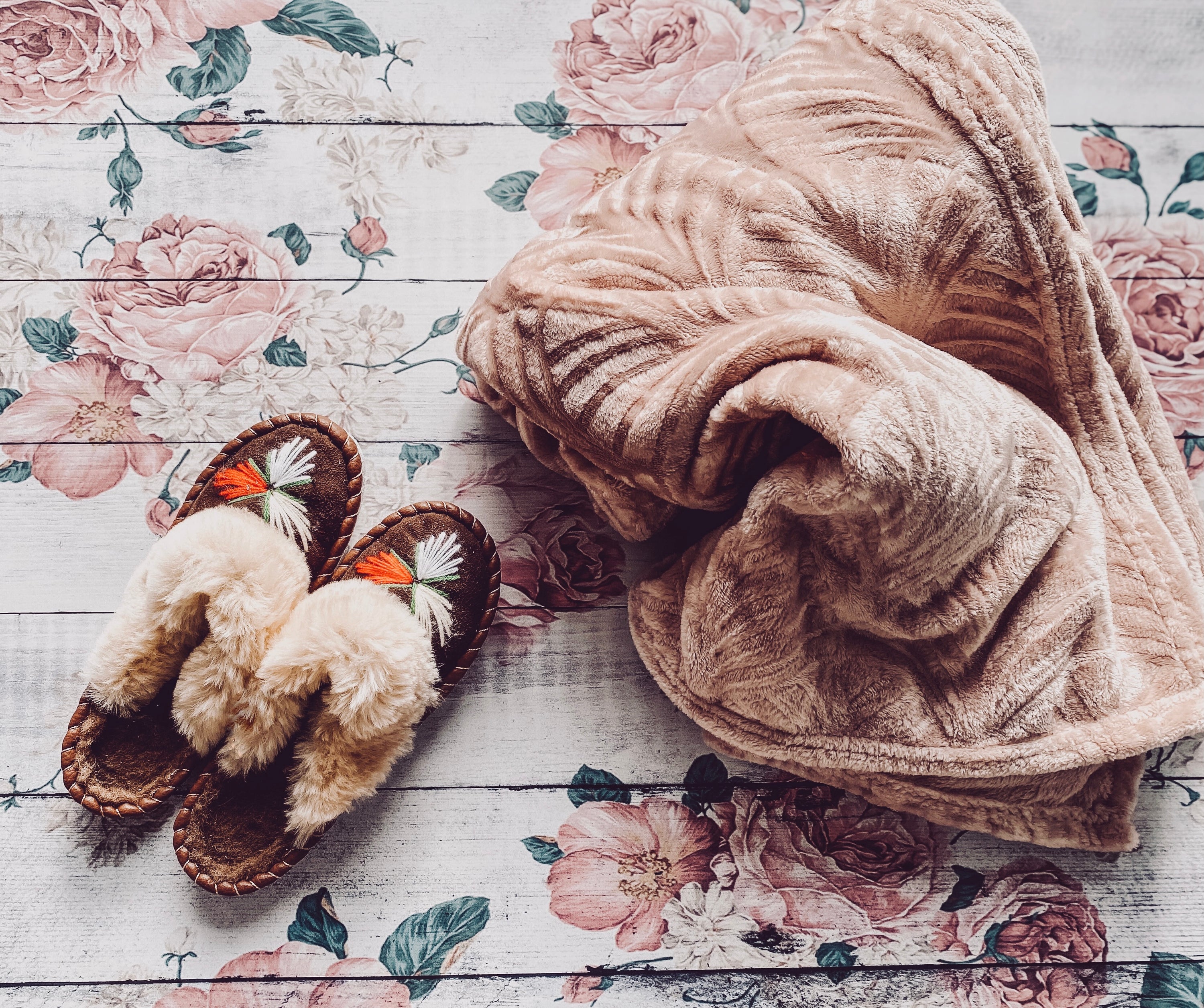 Natural Fur Brown Range Embroidered Slip on Slippers with fluffy fur cuff and leather sole, showcasing unique craftsmanship.