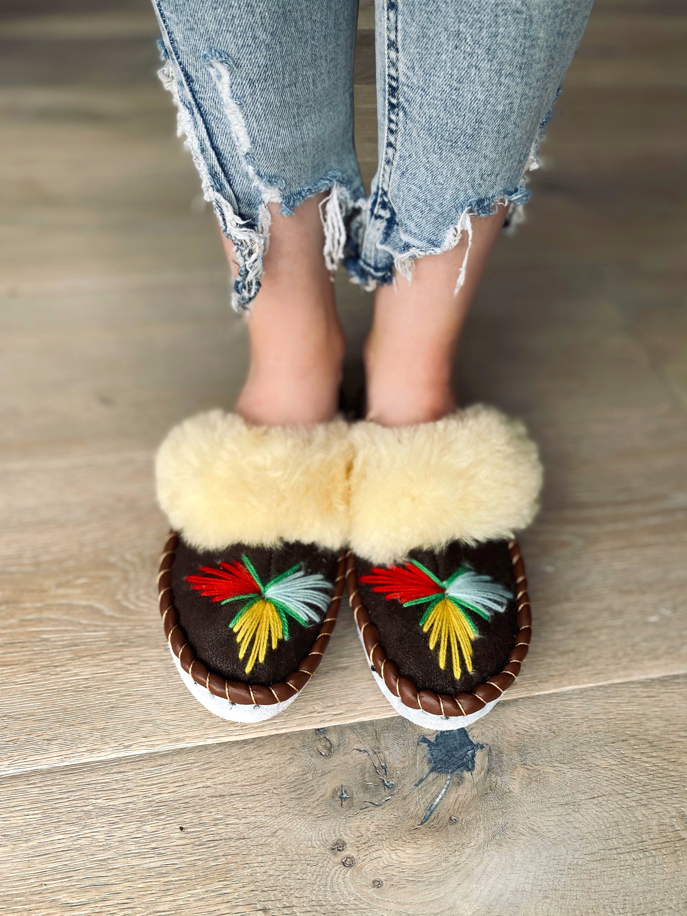 Natural Fur Brown Range Embroidered Slip on Slippers with fluffy fur cuff and leather sole, showcasing unique craftsmanship.