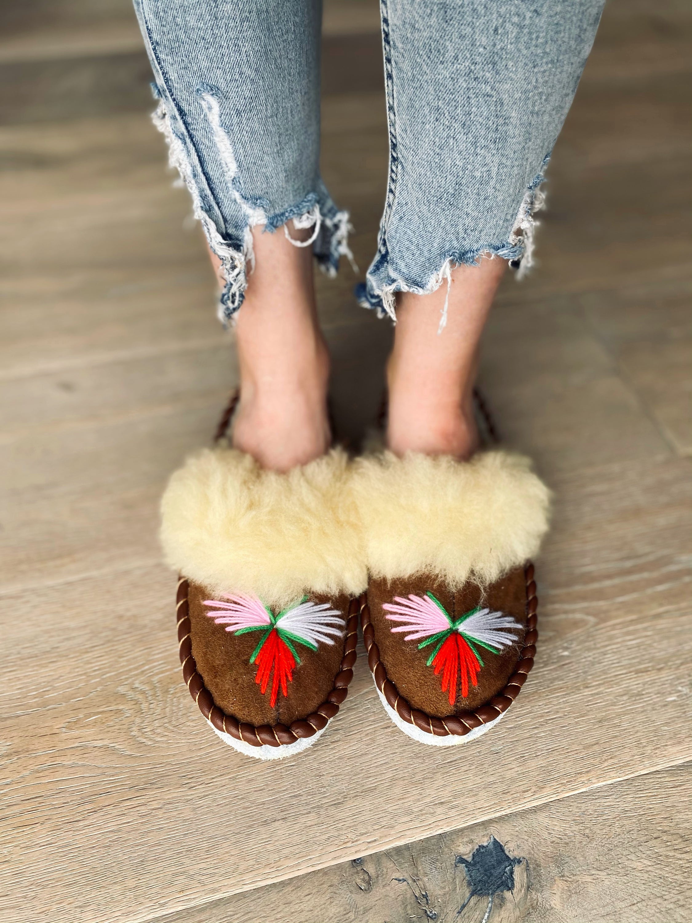Natural Fur Brown Range Embroidered Slip on Slippers with fluffy fur cuff and leather sole, showcasing unique craftsmanship.