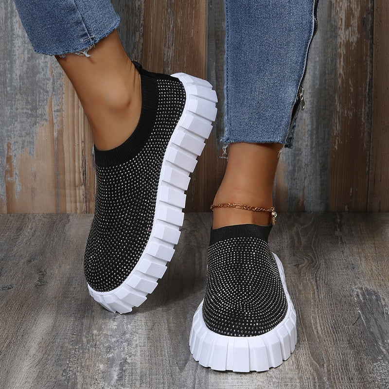 2022 Bling Bling Female Mesh Platform Vulcanized Shoes featuring a stylish design with bling embellishments and a durable platform sole.