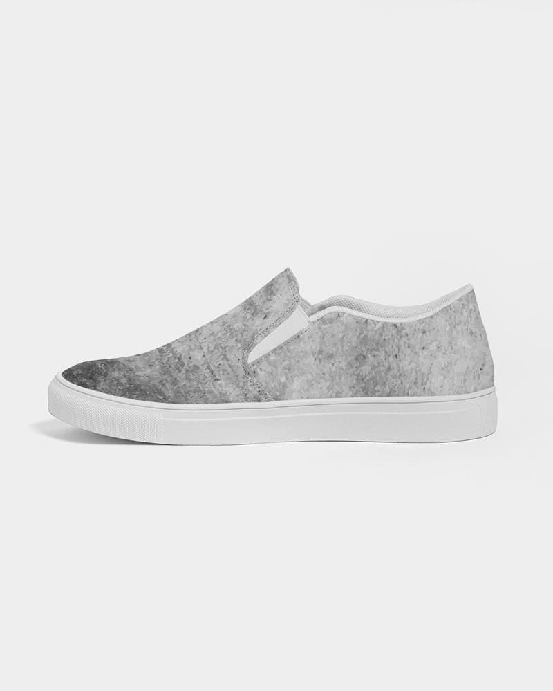 Men's grey low top slip-on canvas sports shoes with elastic side accents and padded collar, perfect for casual wear.