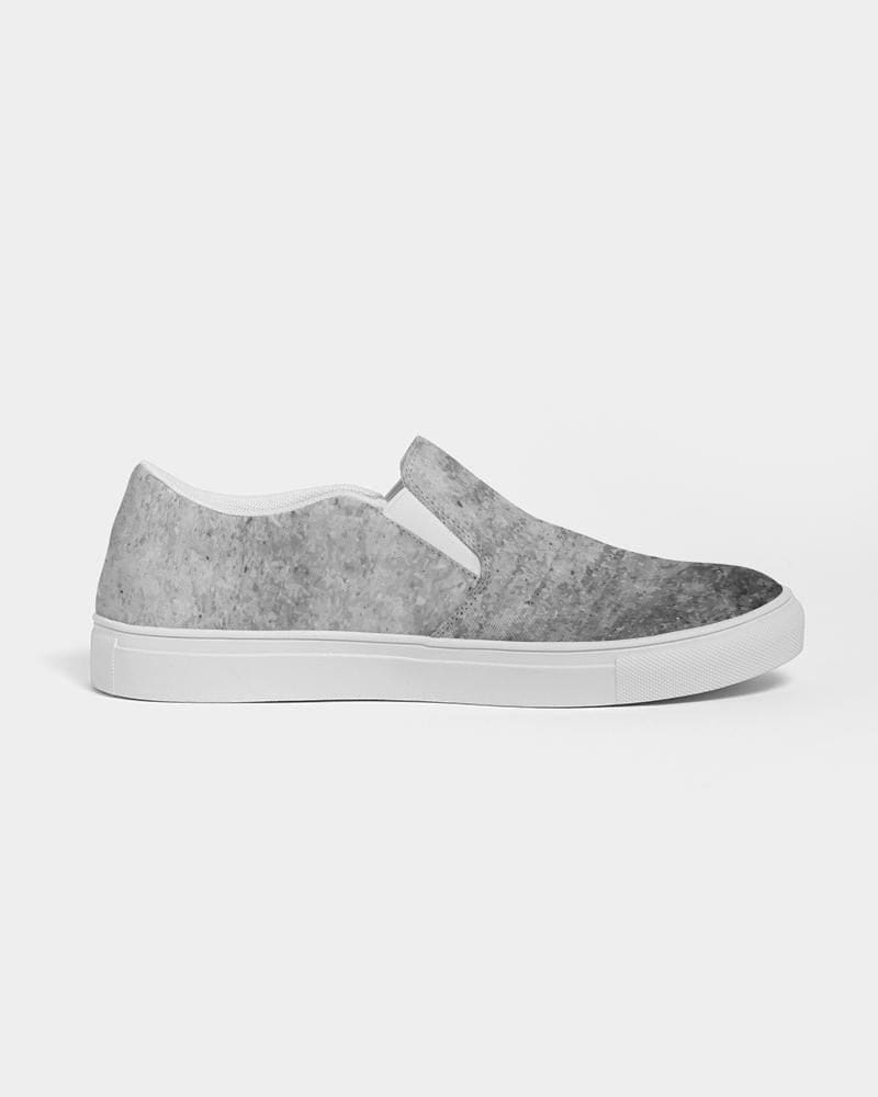 Men's grey low top slip-on canvas sports shoes with elastic side accents and padded collar, perfect for casual wear.