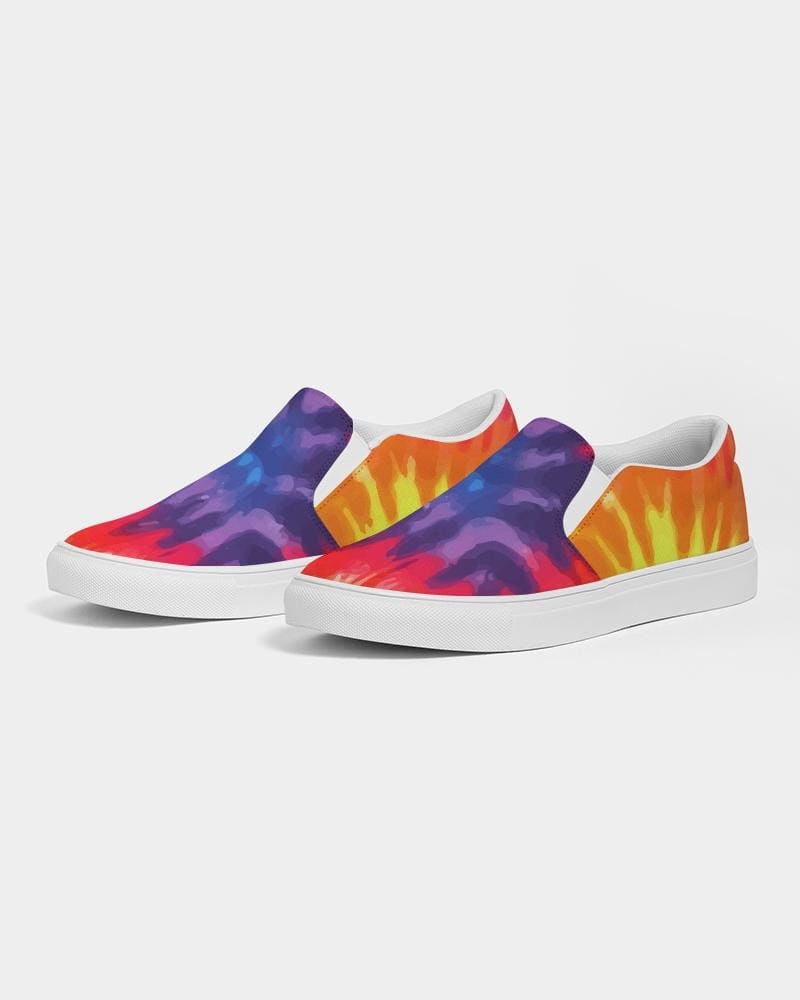 Men's low top sneakers featuring a vibrant rainbow tie-dye print, designed for comfort and style with slip-on ease.