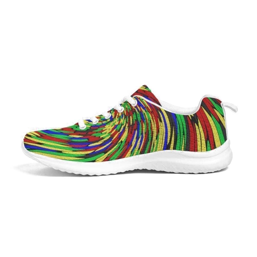 Multicolor low top canvas running shoes for men with a colorful swirl print, featuring a lace-up front and padded collar.