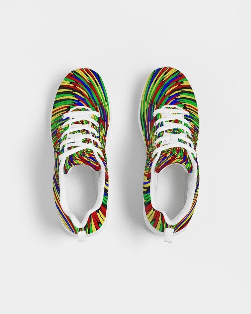 Multicolor low top canvas running shoes for men with a colorful swirl print, featuring a lace-up front and padded collar.