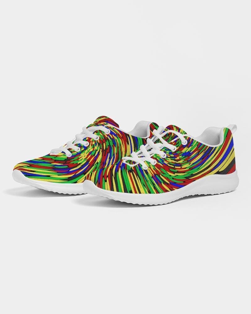 Multicolor low top canvas running shoes for men with a colorful swirl print, featuring a lace-up front and padded collar.