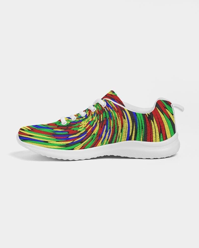 Multicolor low top canvas running shoes for men with a colorful swirl print, featuring a lace-up front and padded collar.