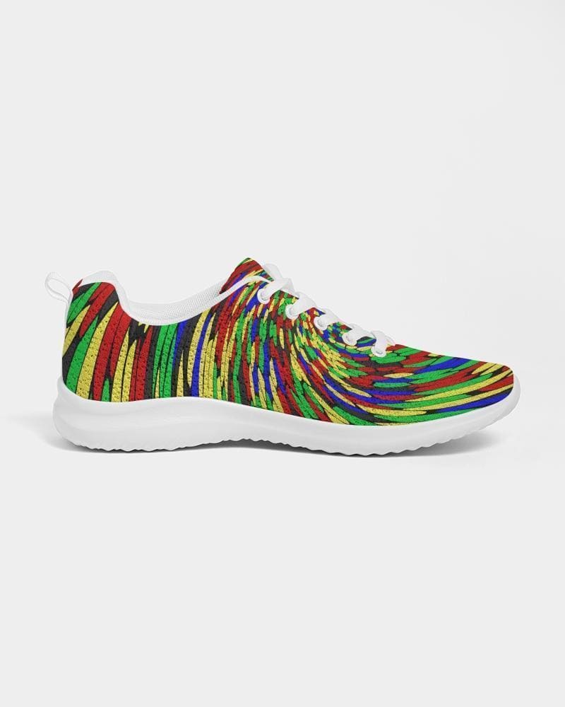 Multicolor low top canvas running shoes for men with a colorful swirl print, featuring a lace-up front and padded collar.