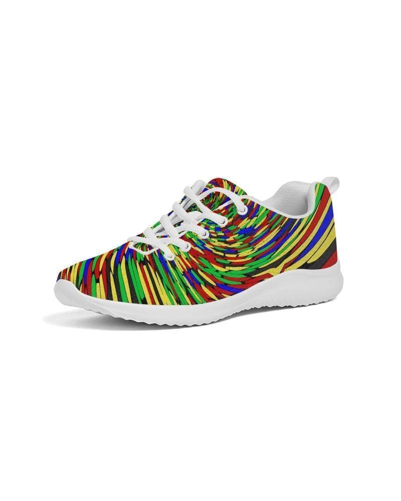 Multicolor low top canvas running shoes for men with a colorful swirl print, featuring a lace-up front and padded collar.